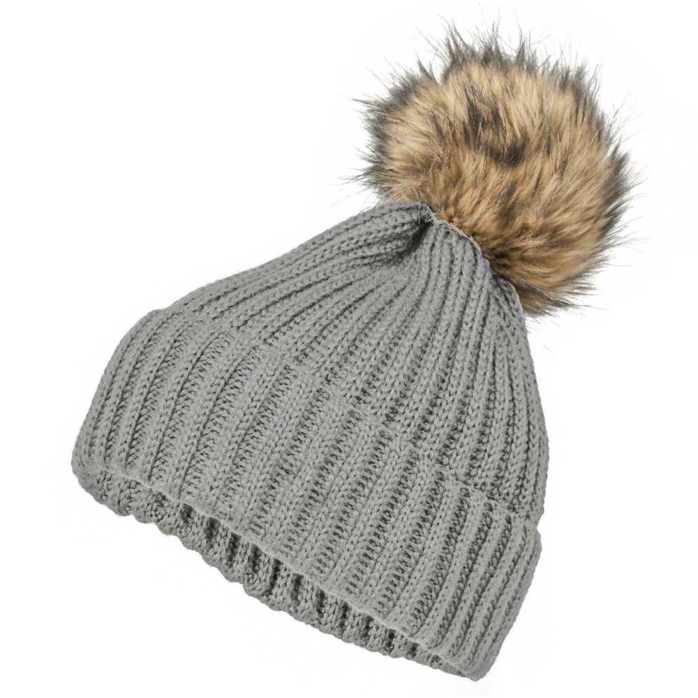 Bogner Gray Knit Hat with Faux Fur Pom